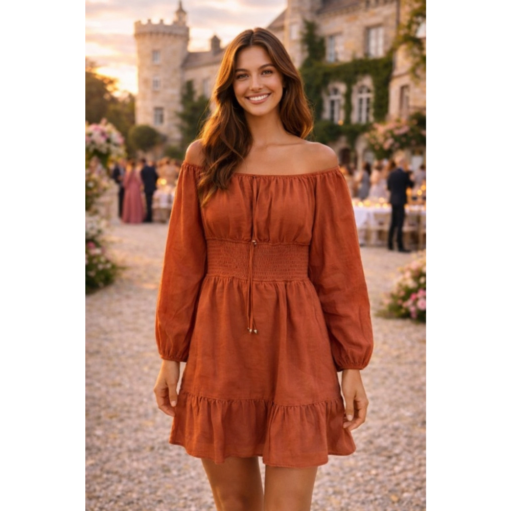 NWTs Lillusory Cotton Mini Dress Burnt Orange Cottagecore Romantic Quiet Luxury